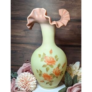 Fenton 9.5" Burmese Vase Blush Rose handpainted By Freida H.